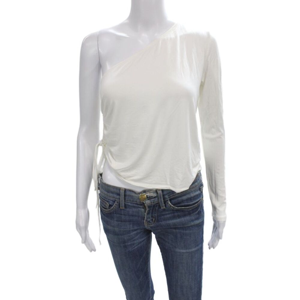 Hours Womens White Rayon One Shoulder Jersey Blouse Long Sleeve Size S